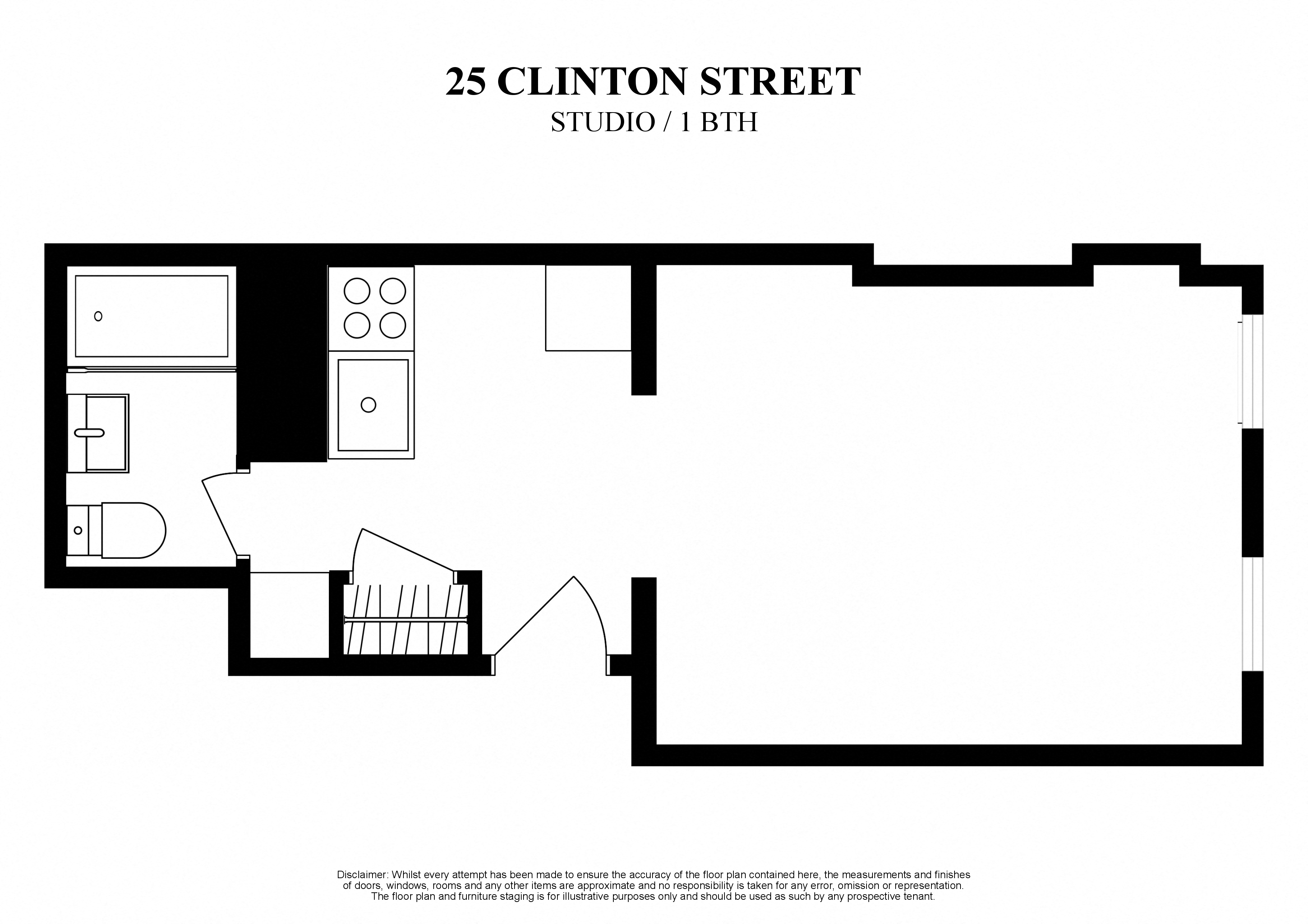 2D floor plan of studio with one bath at 25 Clinton Street New York